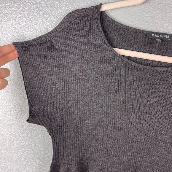 Eileen Fisher 100% Wool Knit Sweater Dress Short Sleeve Ribbed Gray Preppy Sz L - Picture 4 of 7